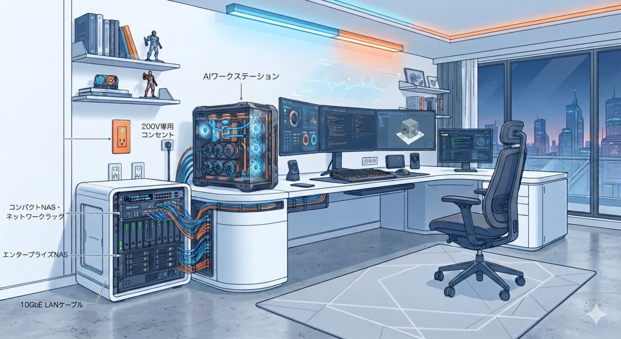 AIワークステーション、NAS、10GbEスイッチ、200V電源をまとめて計画する模式図