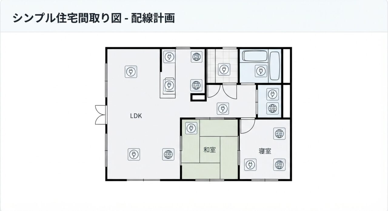 住宅や事務所の平面図に200V回路と10GbE LAN配管の確認ポイントを示した図