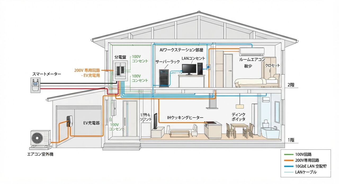 住宅や事務所で200V専用回路、10GbE LAN空配管、スマートメーター二次側、EV、AIワークスペースを整理する模式図