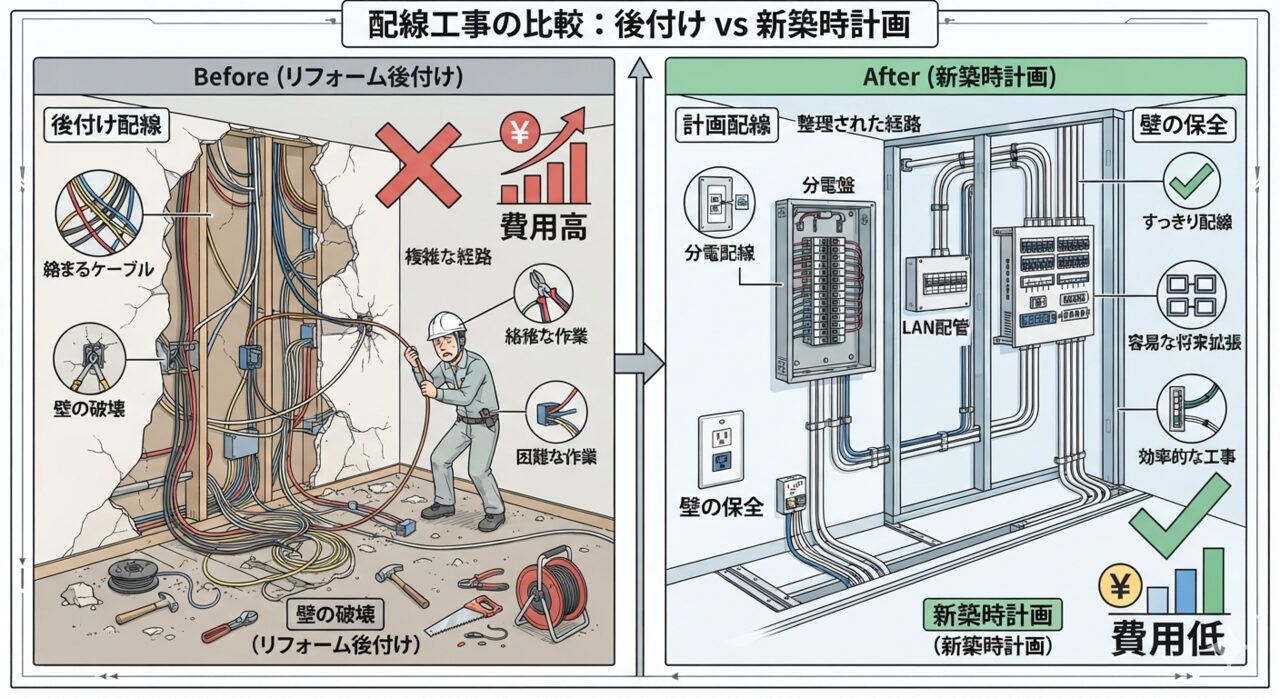 後施工で壁を開ける工事と新築時に配線を計画した状態を比較する図