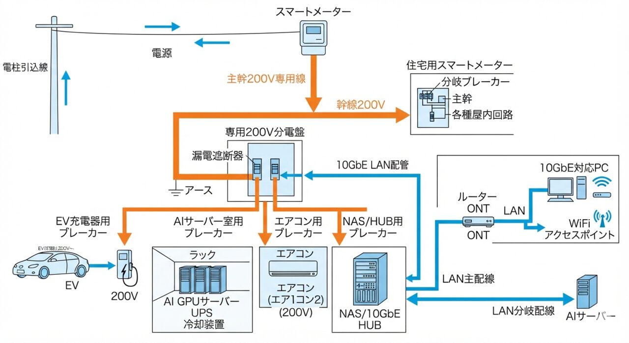スマートメーター二次側から200V専用分電盤、EV、AIサーバー、エアコン、NAS、10GbE LAN配管を整理する概念図